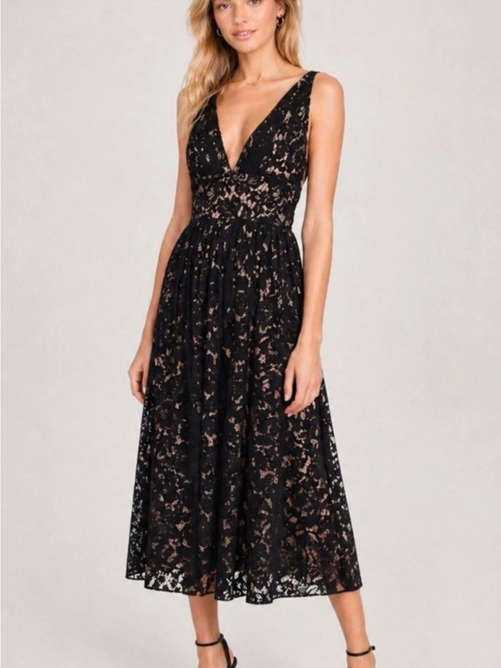 Fame and Partners Black Lace Midi Dress with Nude Lining